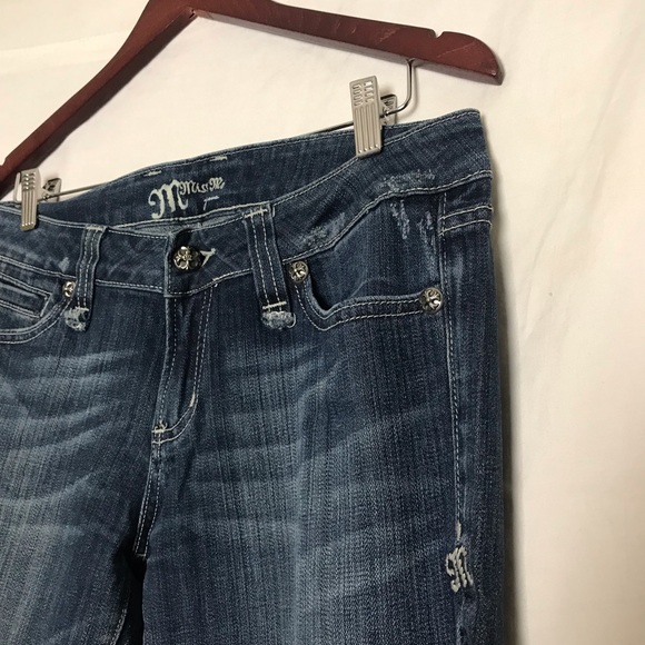 Miss Me Embroidered Cross Rhinestones Whiskered 5 Pocket Boot Cut Jeans Sz 31 - Picture 4 of 10